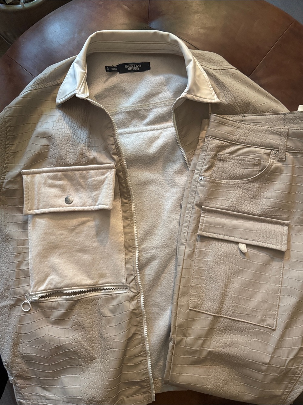 Gentry Garb  Beige Croc-Embossed Jogger Pants and cargo jacket
